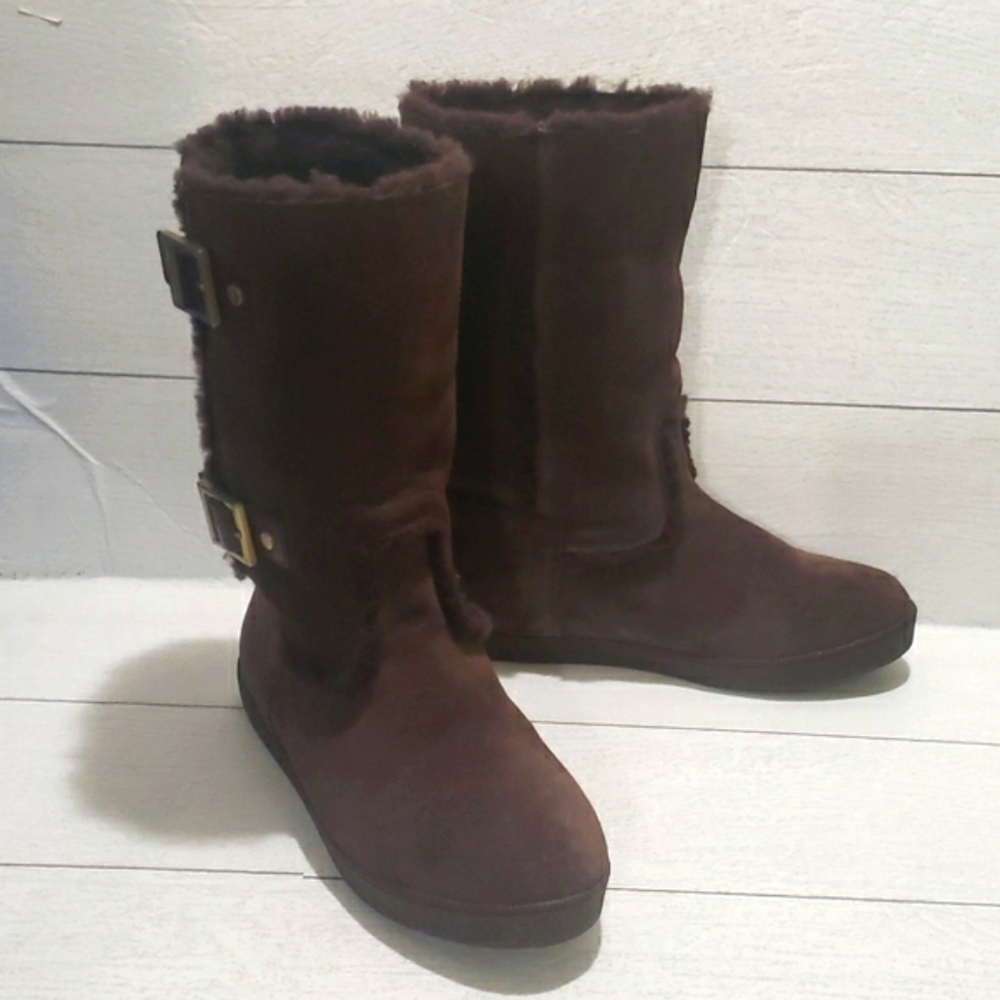Tory Burch Brown Shearling And Suede Midcalf Flat Womens Boots Size 8.5